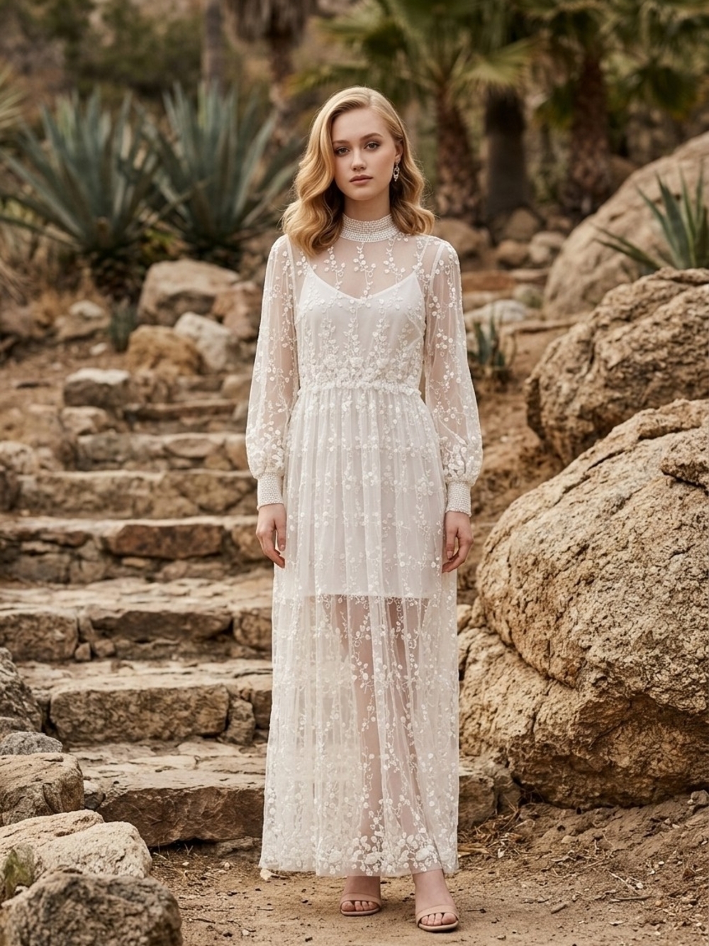 English Factory Sheer Floral Embroiderd Lace Overlay Dress Eggshell/Creme Color